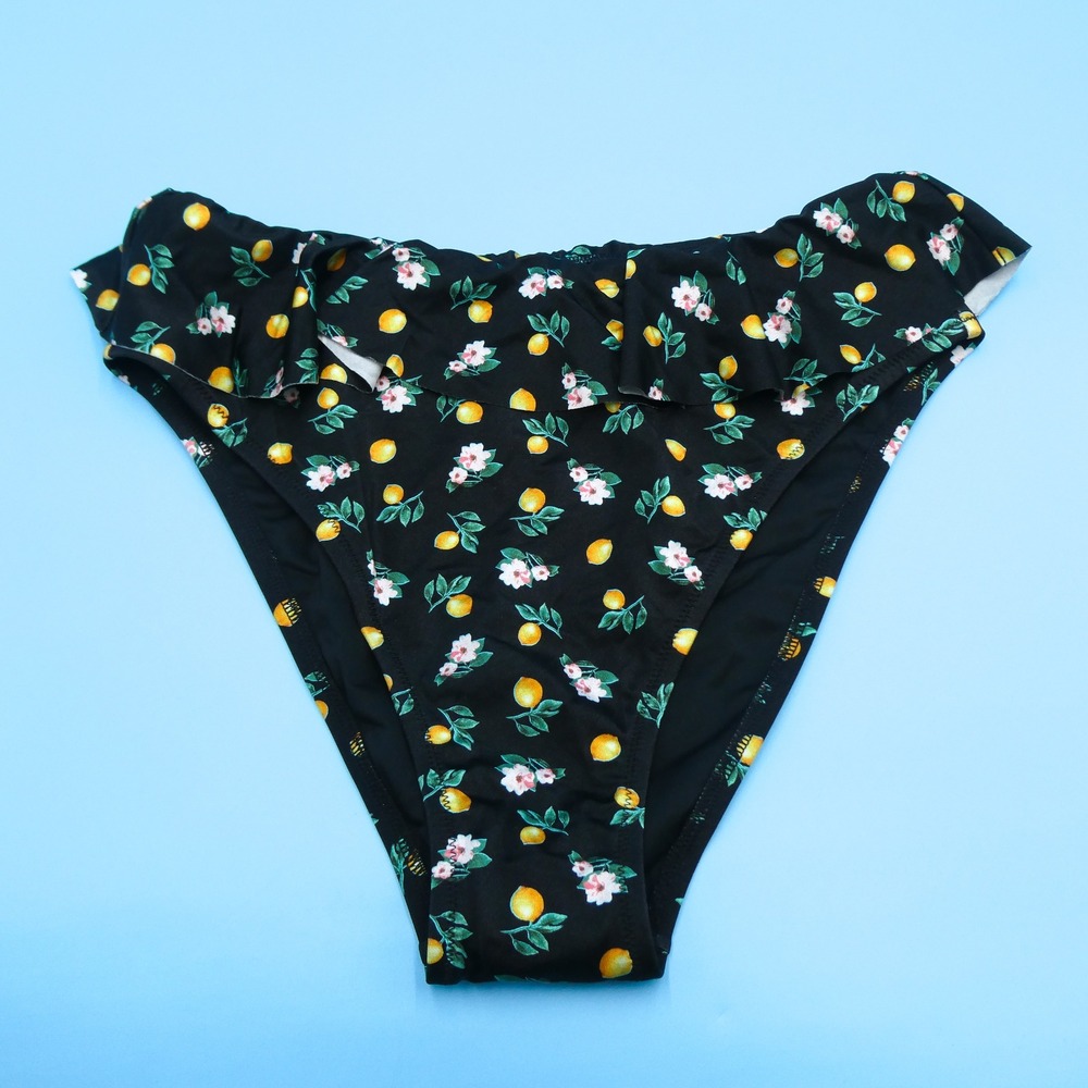 Victoria's Secret Bikini‎ Bottom Women Large Ruffle Lemon Floral Black Polyamide